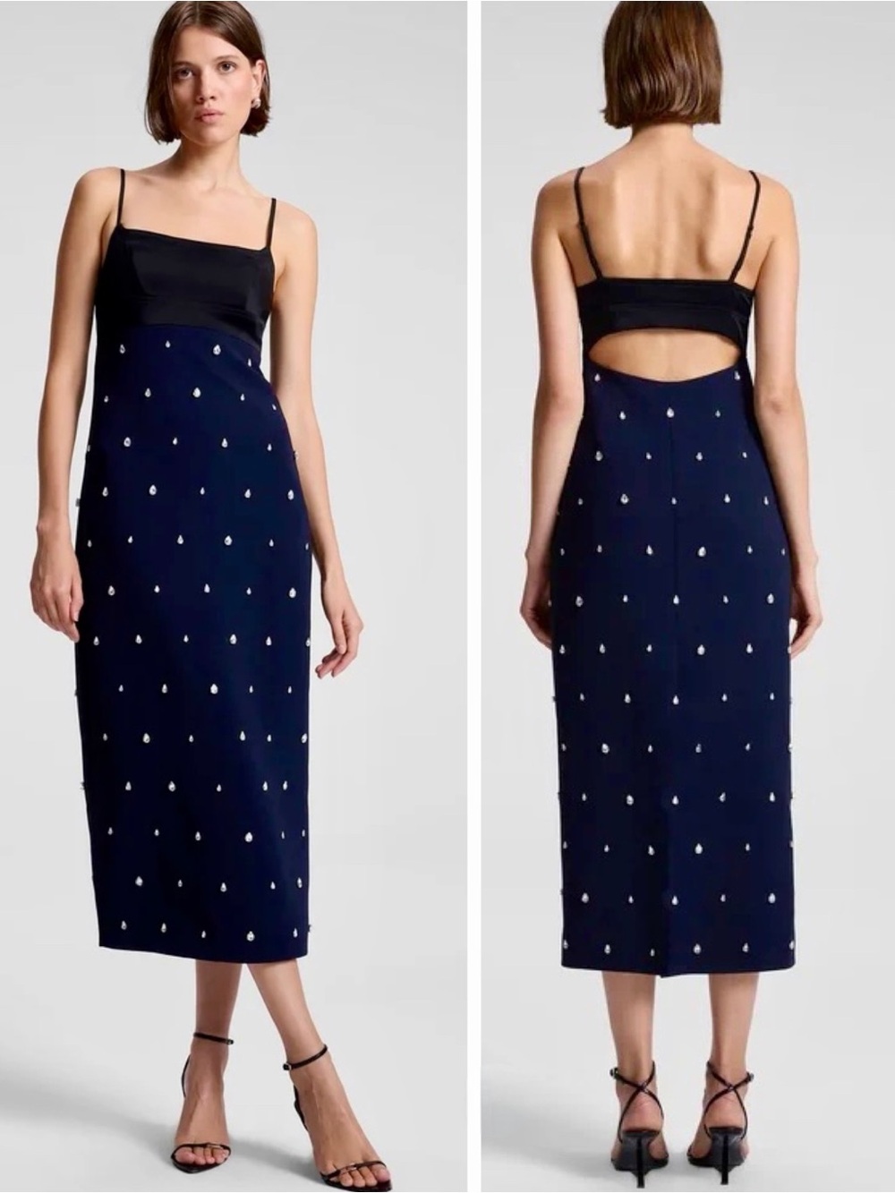 A.L.C Alana Crystal Embellished Open Back Cocktail Midi Dress Black Blue Size 8
